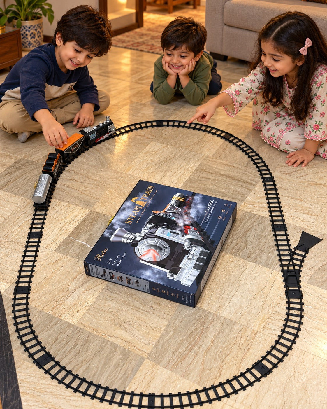Electric Steam Train Toy Track Set with Smoke Effect, Lights & Music
