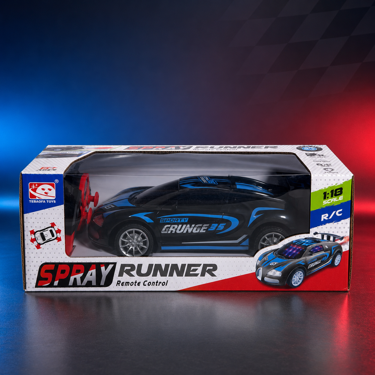 High-Speed 1:18 Scale Spray Runner Remote Control Sports Car with 3D LED Lights & Smoke Effect