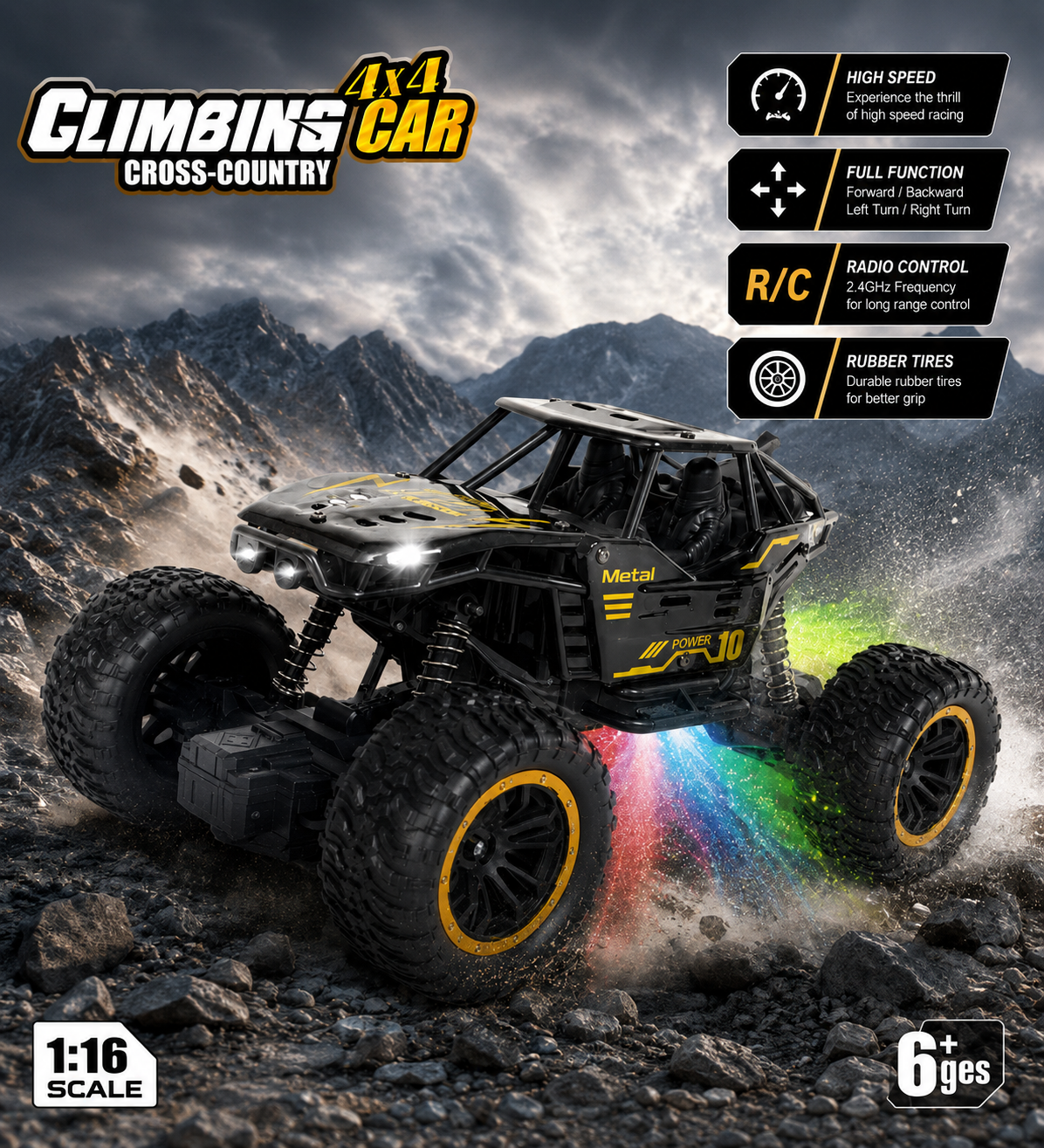 4WD Metal Body 1:18 Scale Off-Road Climbing RC Rock Crawler with Exhaust Spray Effect & Lights