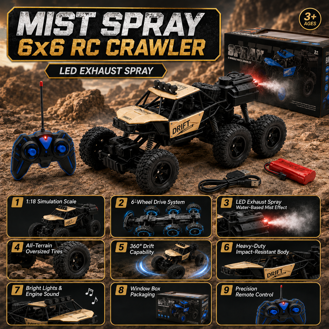 TitanDrift 4WD: 1:18 Scale All-Terrain Spray Rock Crawler 6 wheel