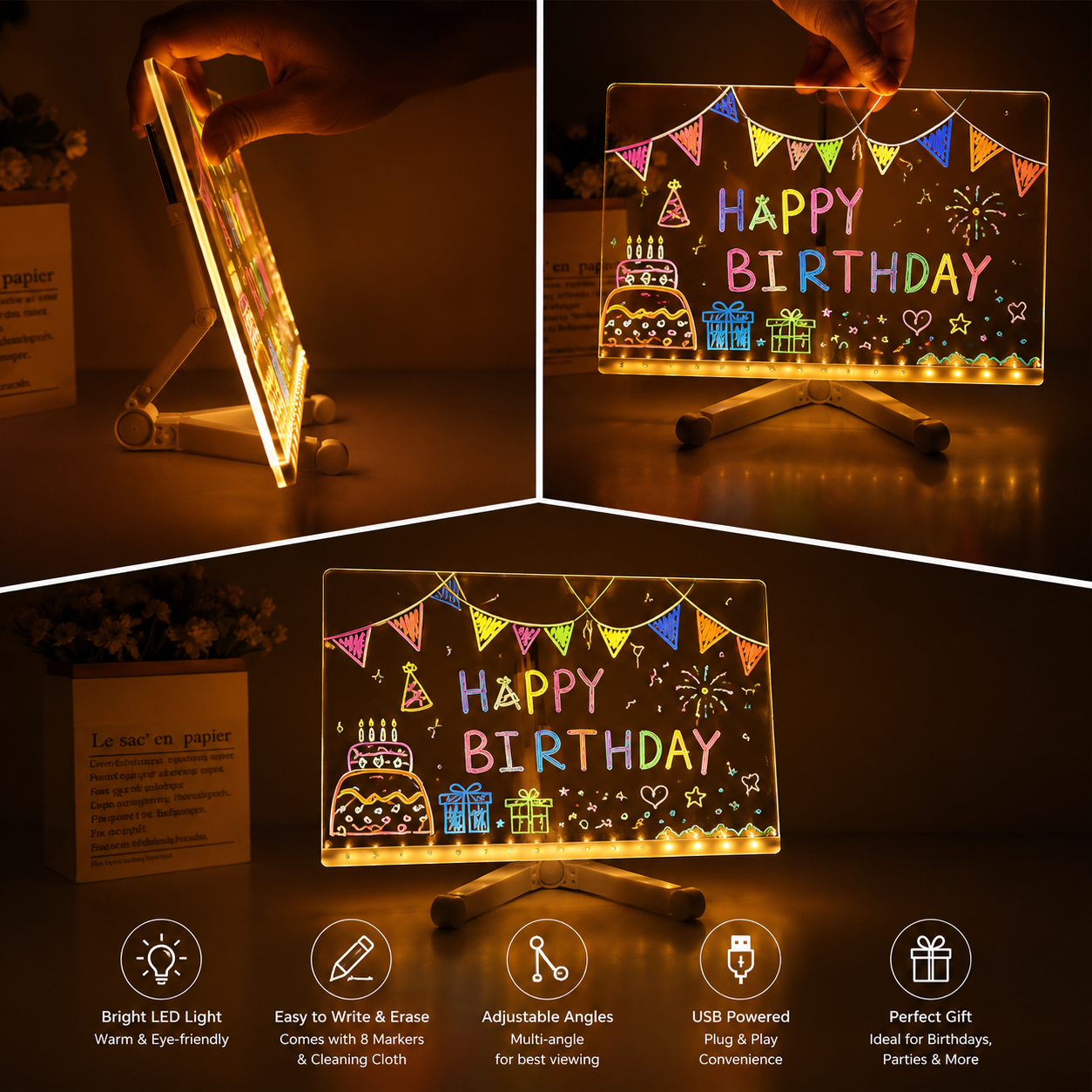 DIY Light-Up LED Acrylic Note Board with Erasable Markers & Patterns