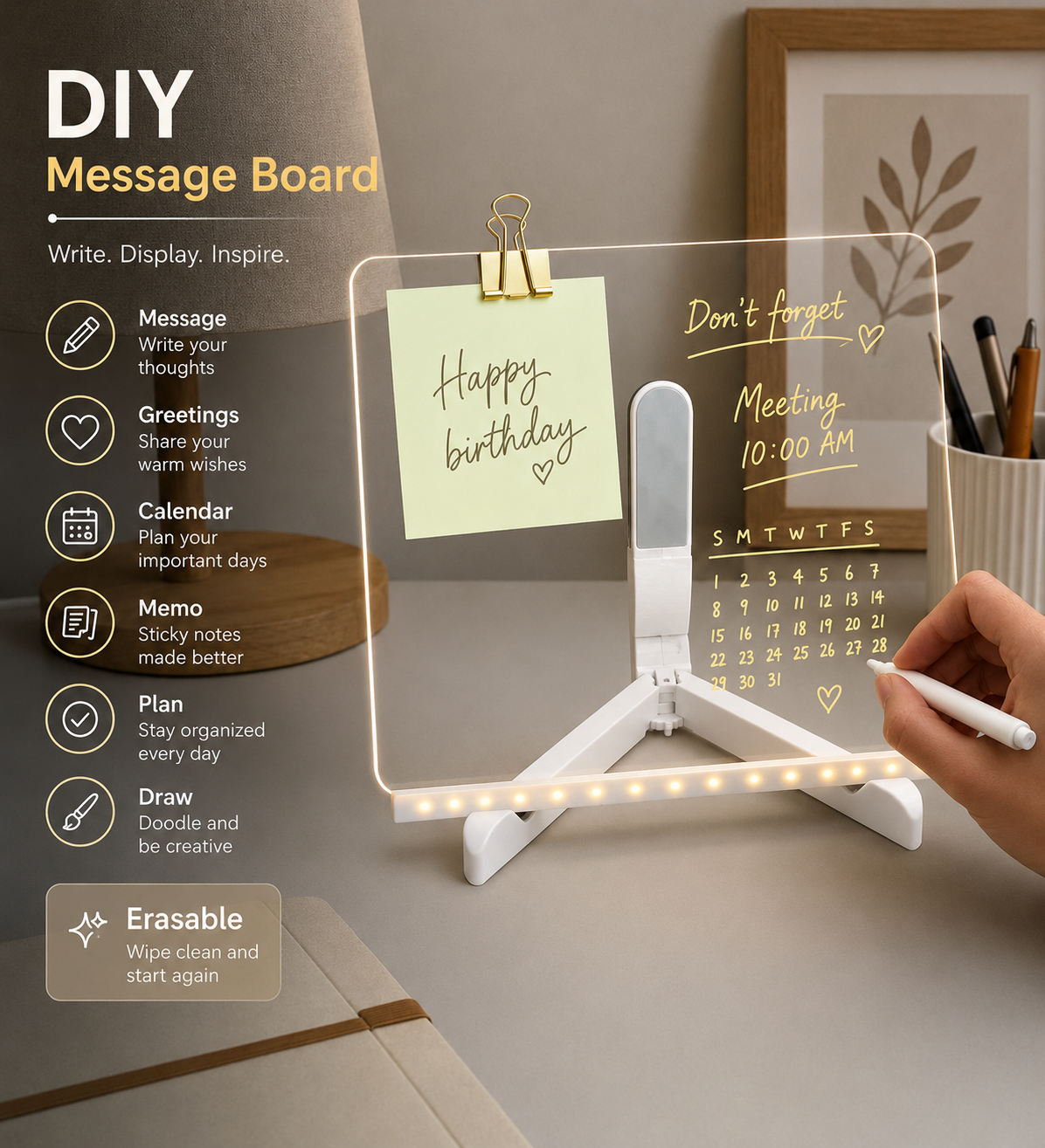 DIY Light-Up LED Acrylic Note Board with Erasable Markers & Patterns