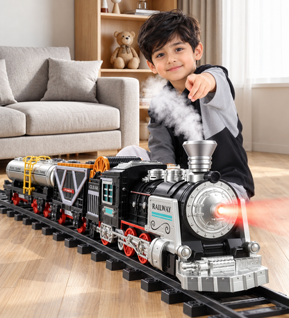 Electric Steam Train Toy Track Set with Smoke Effect, Lights & Music