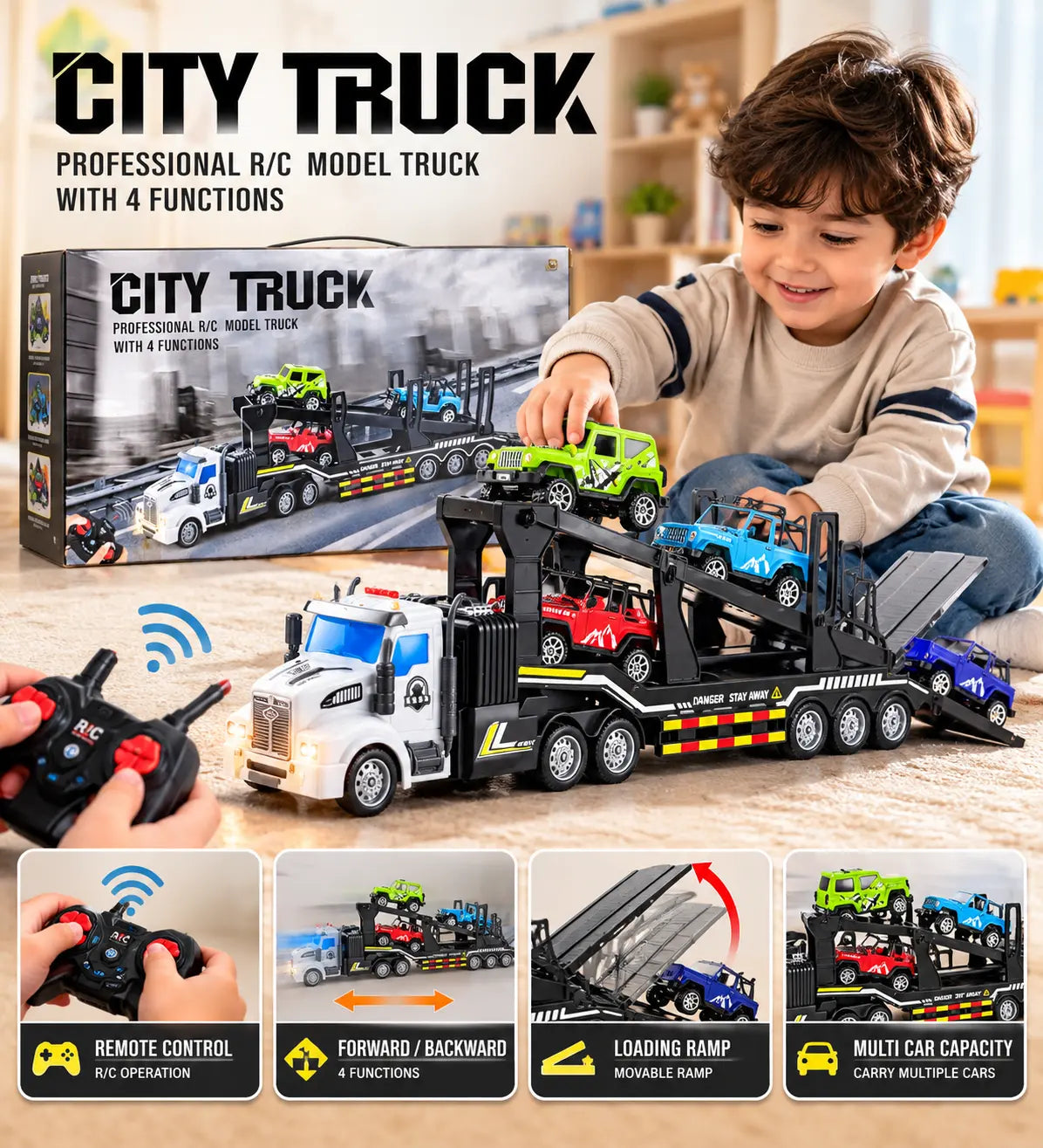 Remote Control Car Carrier Truck with Loading Ramp & Mini Cars