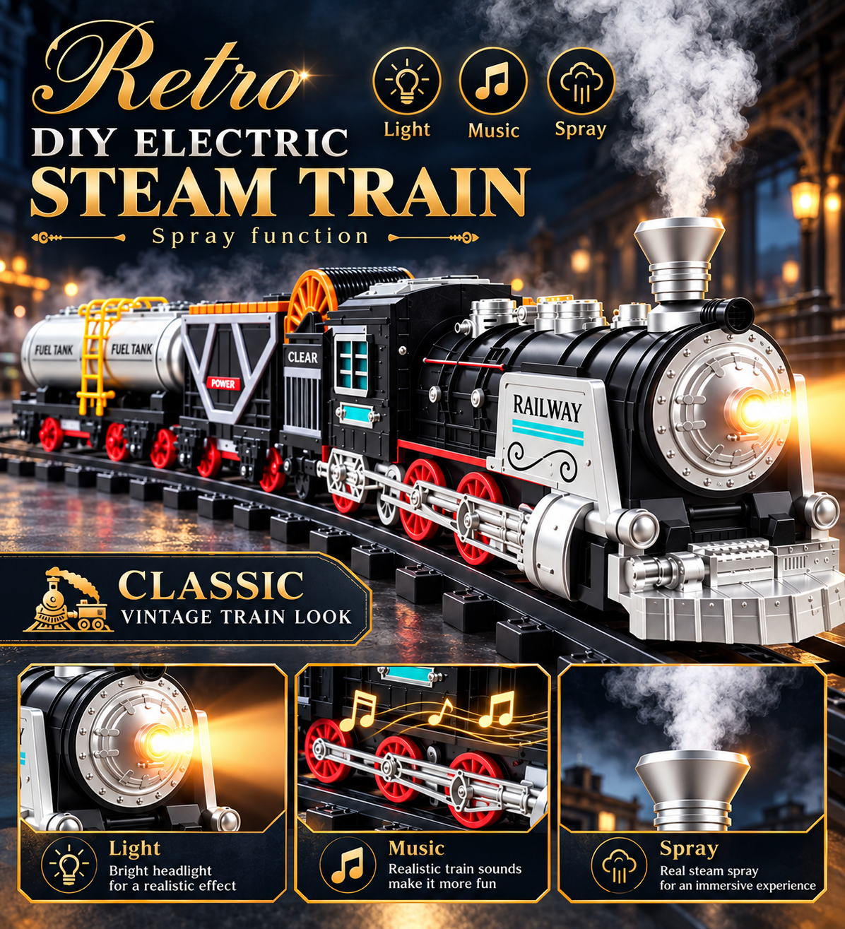 Electric Steam Train Toy Track Set with Smoke Effect, Lights & Music
