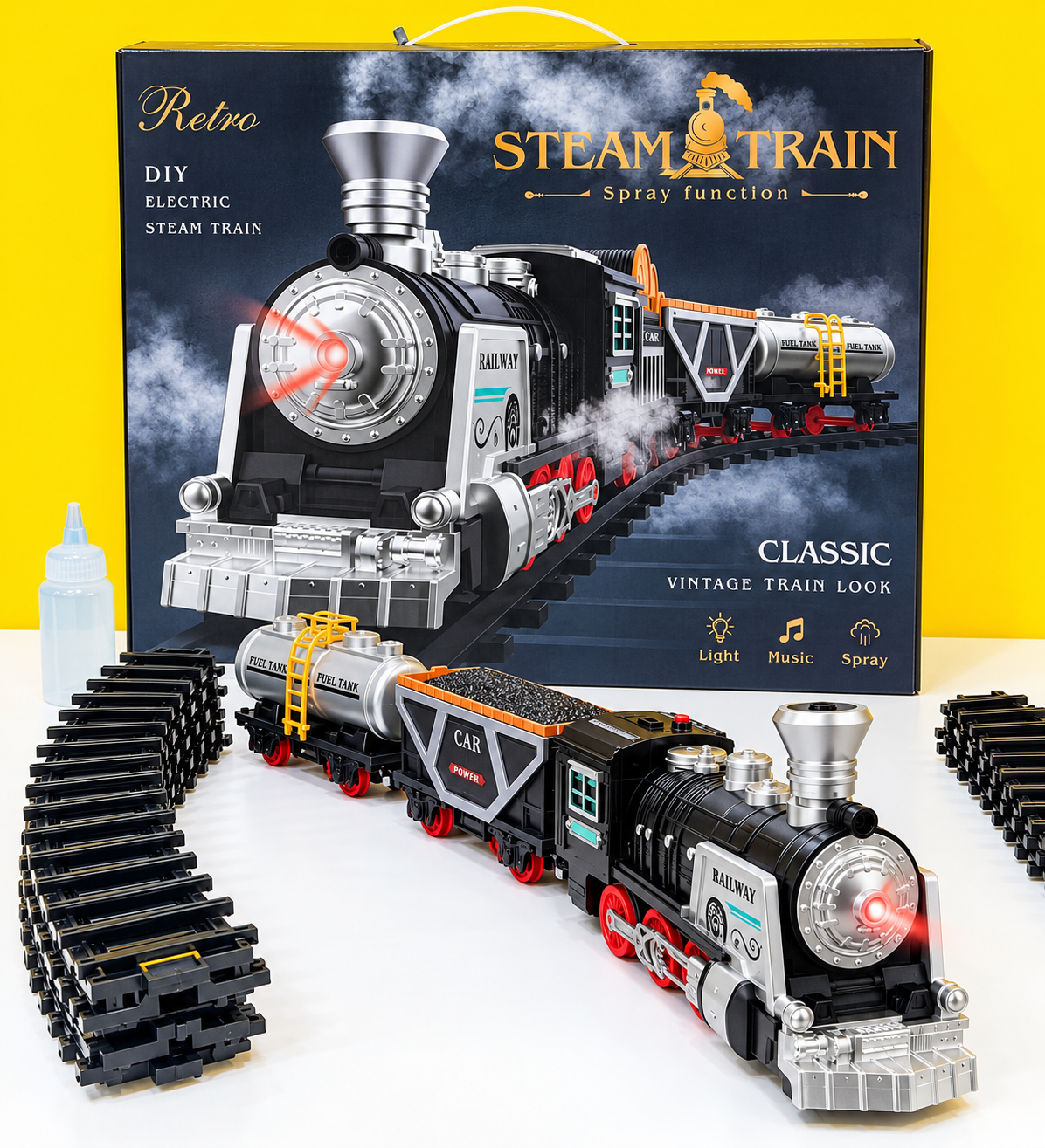 Electric Steam Train Toy Track Set with Smoke Effect, Lights & Music