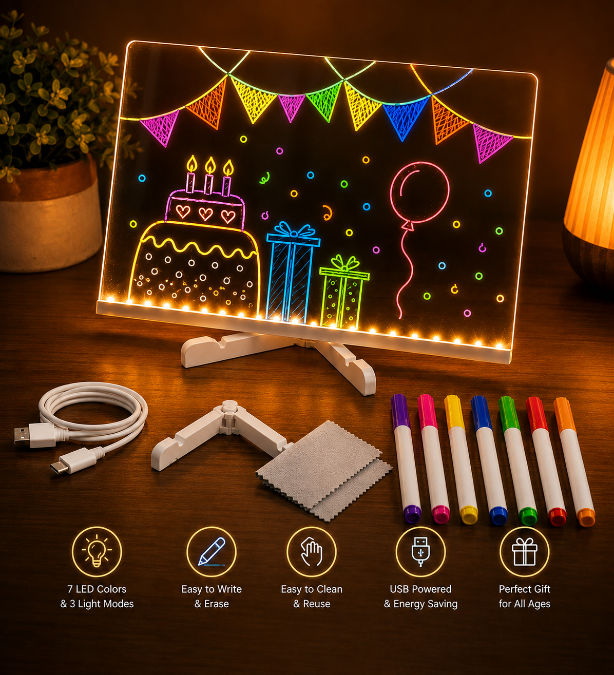 DIY Light-Up LED Acrylic Note Board with Erasable Markers & Patterns
