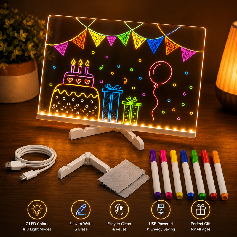 DIY Light-Up LED Acrylic Note Board with Erasable Markers & Patterns