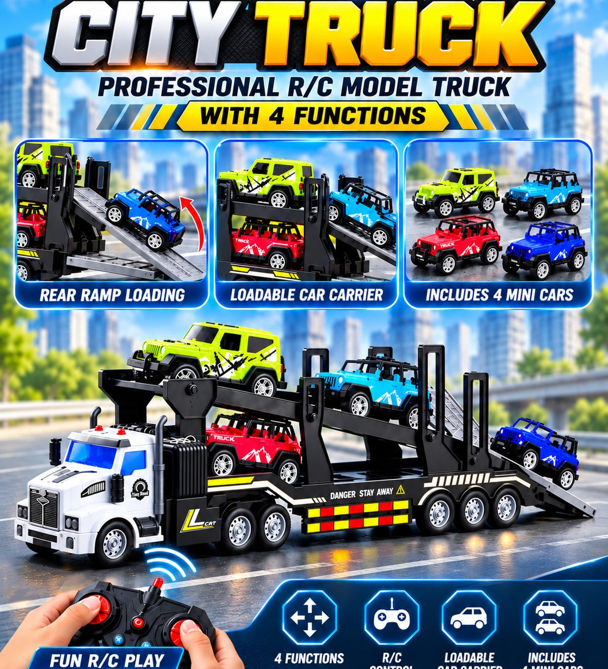 Remote Control Car Carrier Truck with Loading Ramp & Mini Cars