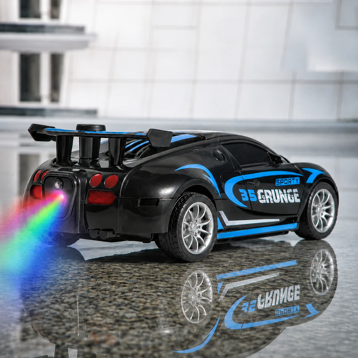 High-Speed 1:18 Scale Spray Runner Remote Control Sports Car with 3D LED Lights & Smoke Effect