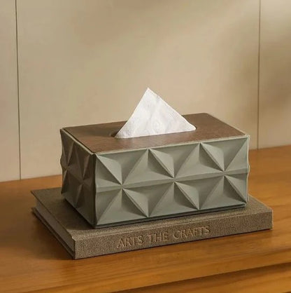 Modern Geometric Tissue Box Cover with Wooden Finish Lid