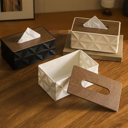 Modern Geometric Tissue Box Cover with Wooden Finish Lid