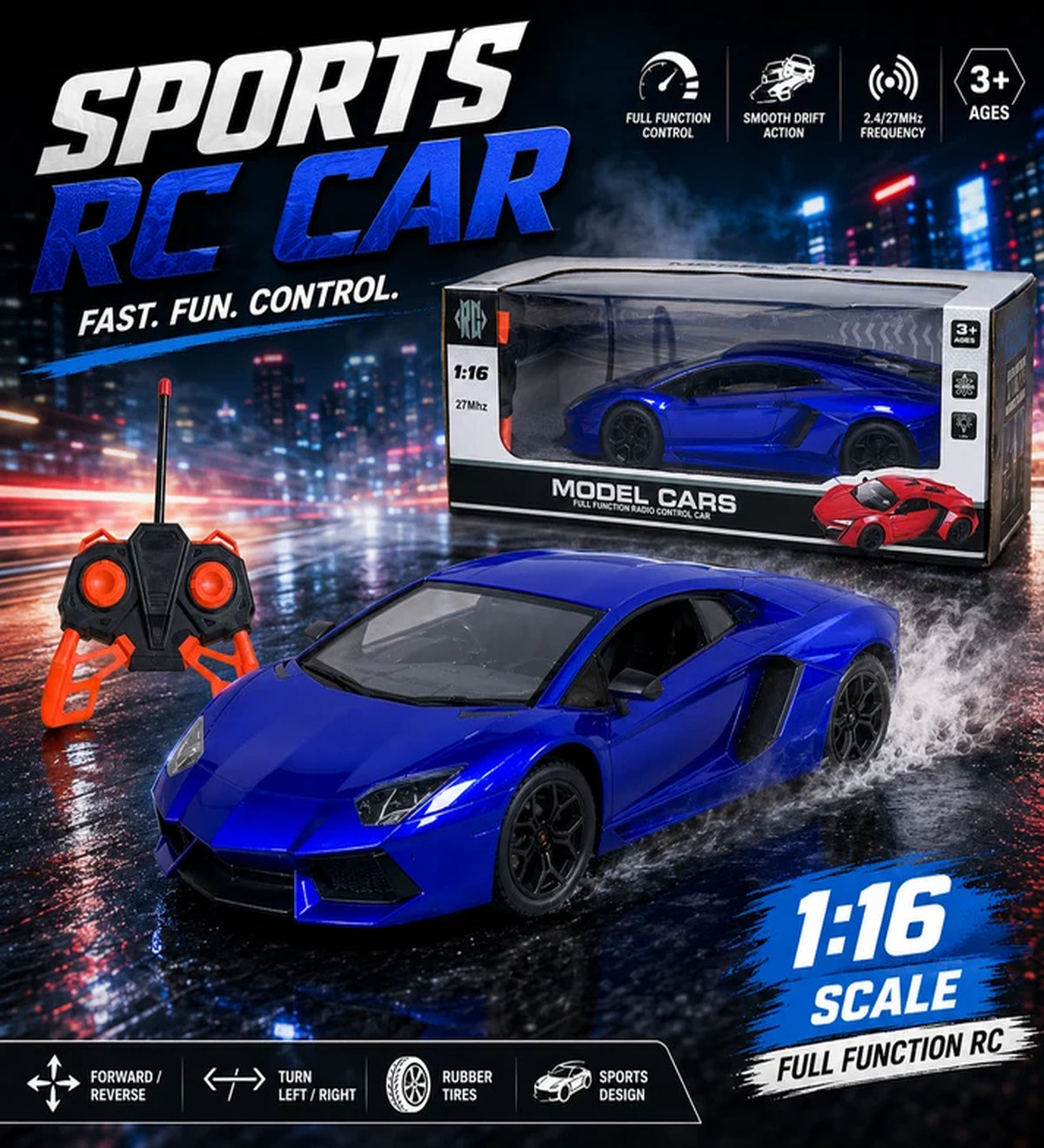 Electric Blue 1:16 Scale Remote Control Supercar with Working Headlights